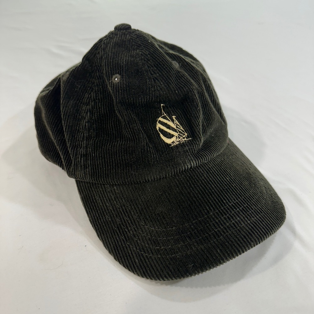 Nautica Hat Corduroy Baseball Cap Mens OSFA‎ Green Cotton Leather Strap Sailboat